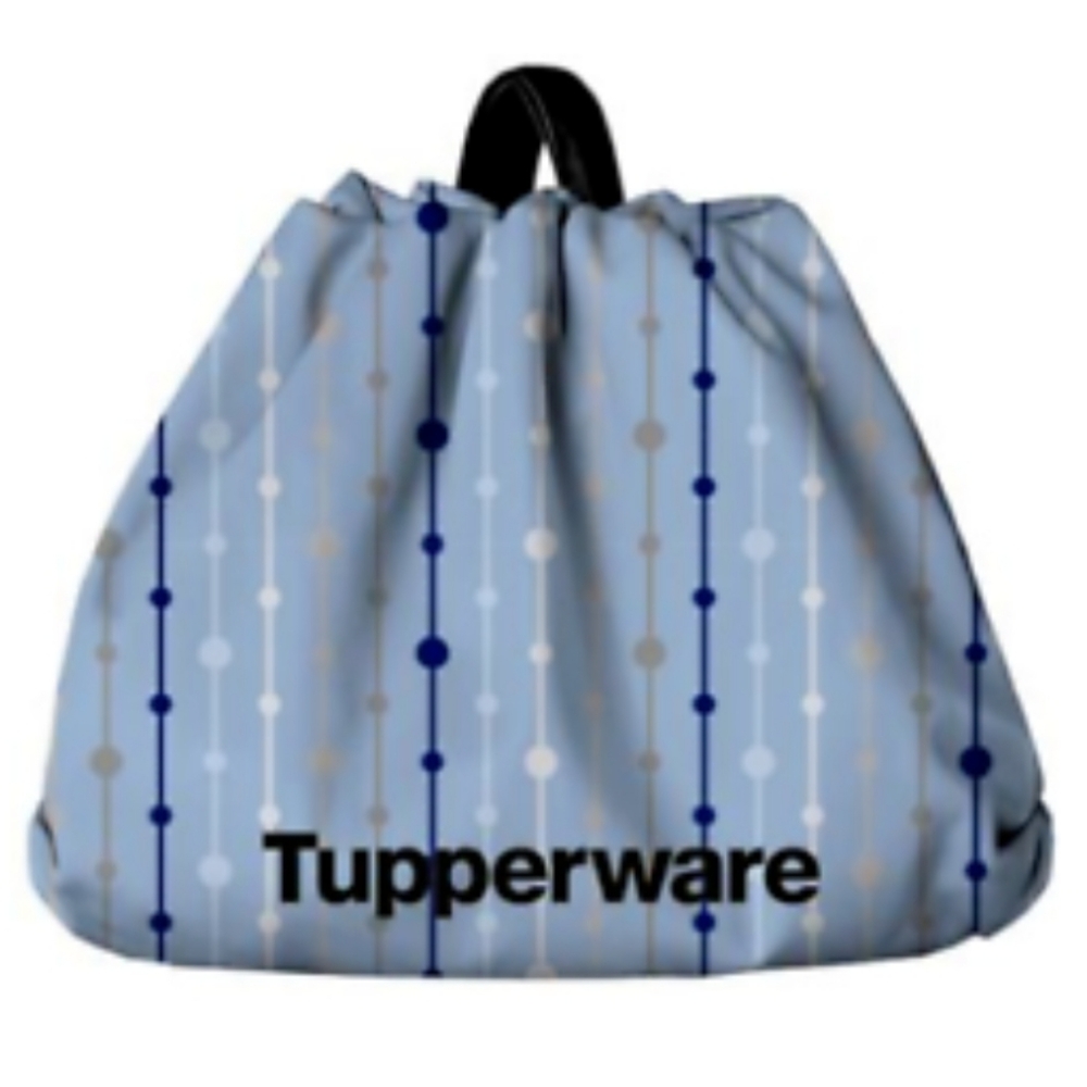 TUPPERWARE Logo 19"diam. Award Cinch Bag Purse Blues, Gray, White Zipper Pockets